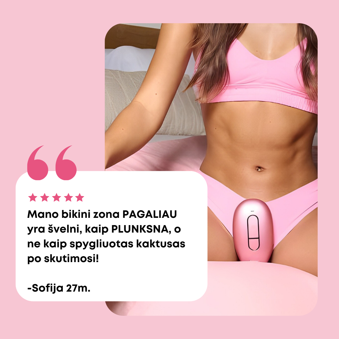 Moteris po IPL plaukų šalinimo procedūros namuose, džiaugiasi švelnia bikini zona be skutimosi dirginimo. Klientės atsiliepimas apie švelnumą.